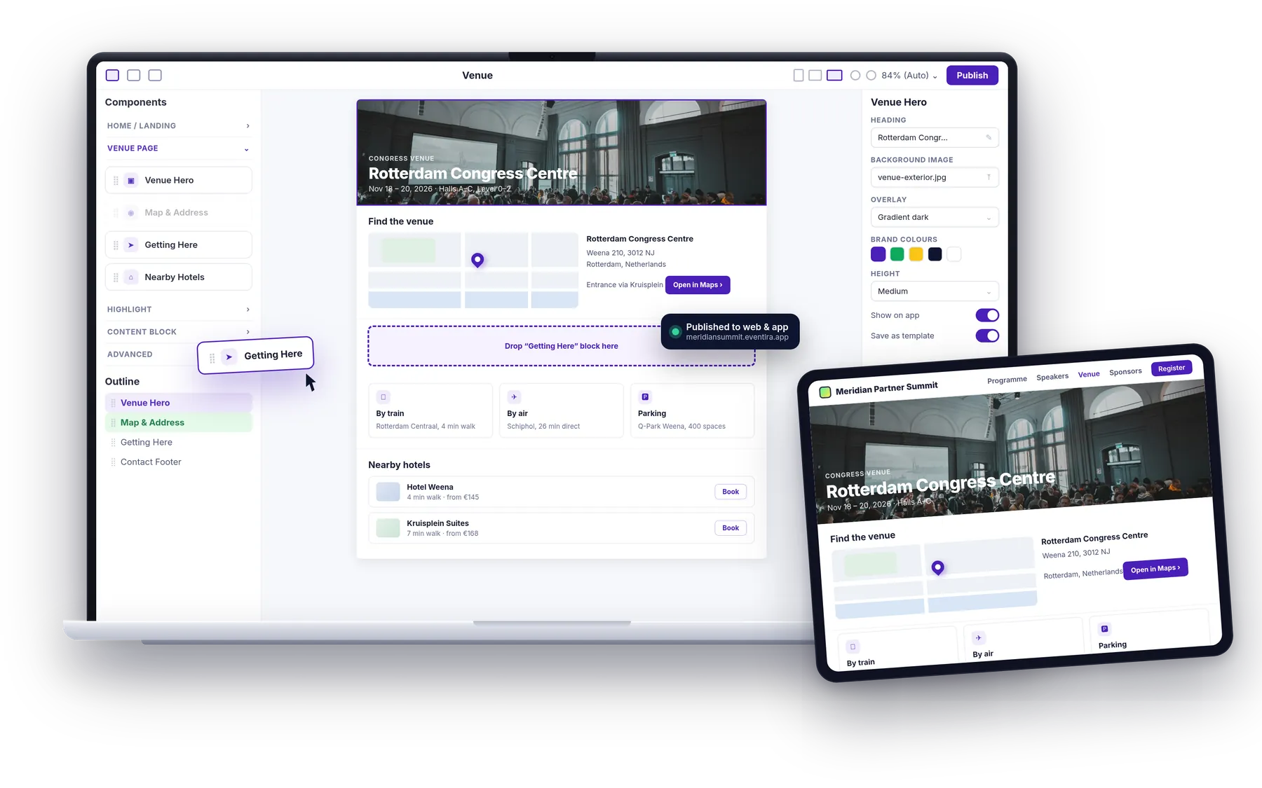 Eventira no-code page builder on a laptop with a block being dragged onto a venue page, and the published venue page on a tablet