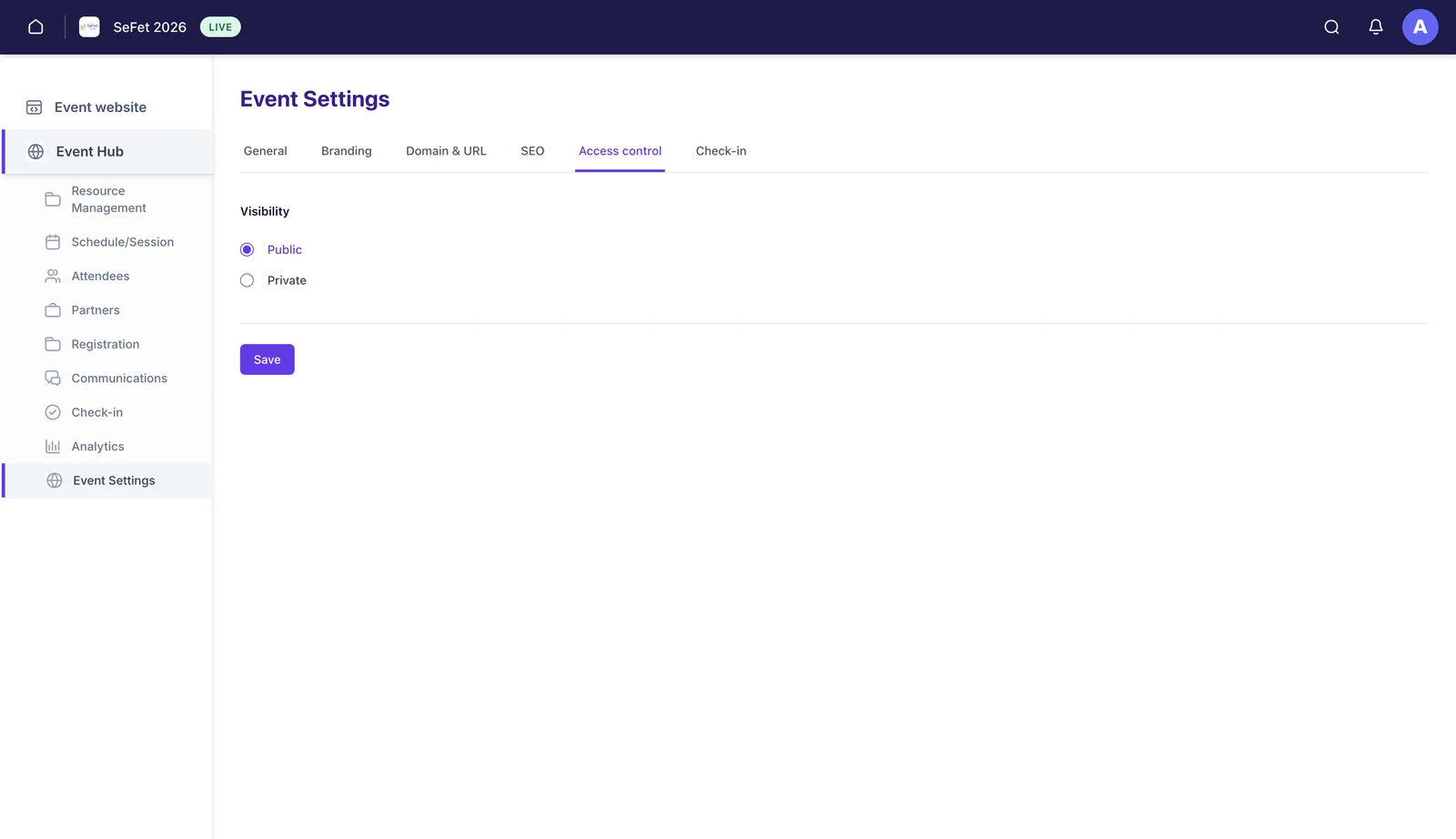 Event Settings, Access control tab, with Visibility set to Public.