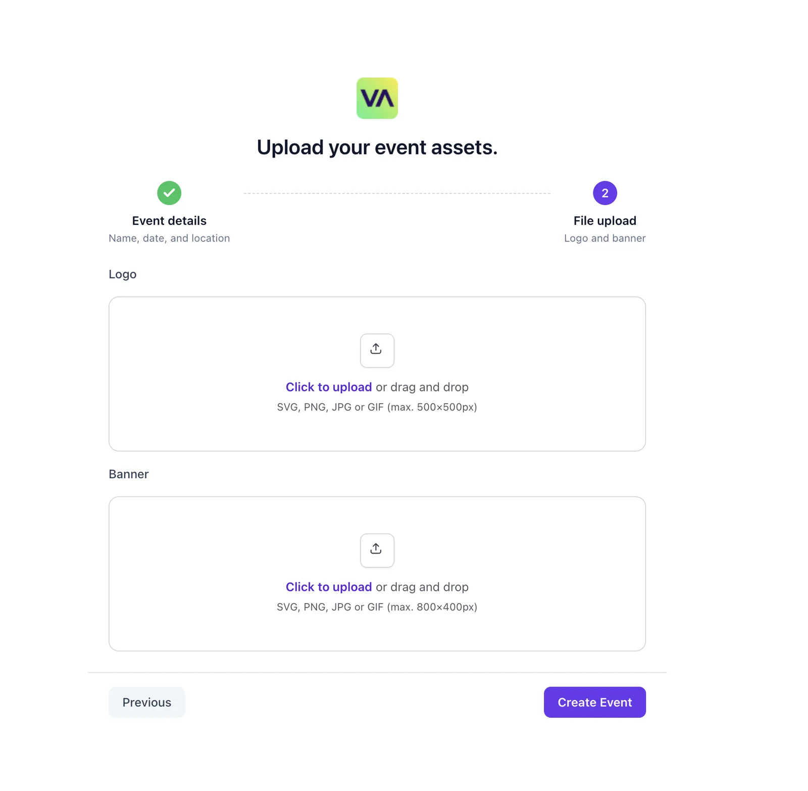 Step two of the wizard: upload fields for a logo and a banner image.