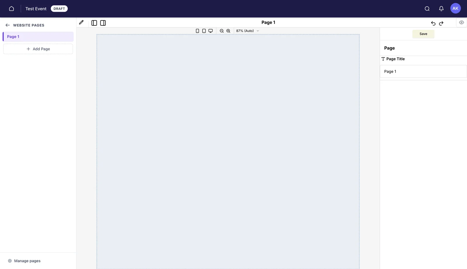 The page editor with the page list on the left, the canvas in the middle and settings on the right.