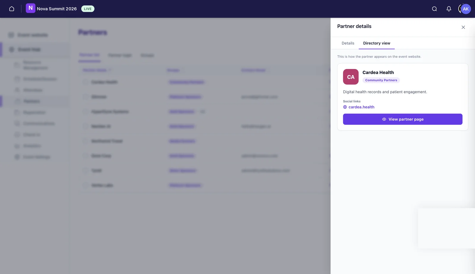 The Directory view tab, previewing how the partner card appears on the event website with logo, group, description, social links and a View partner page button.