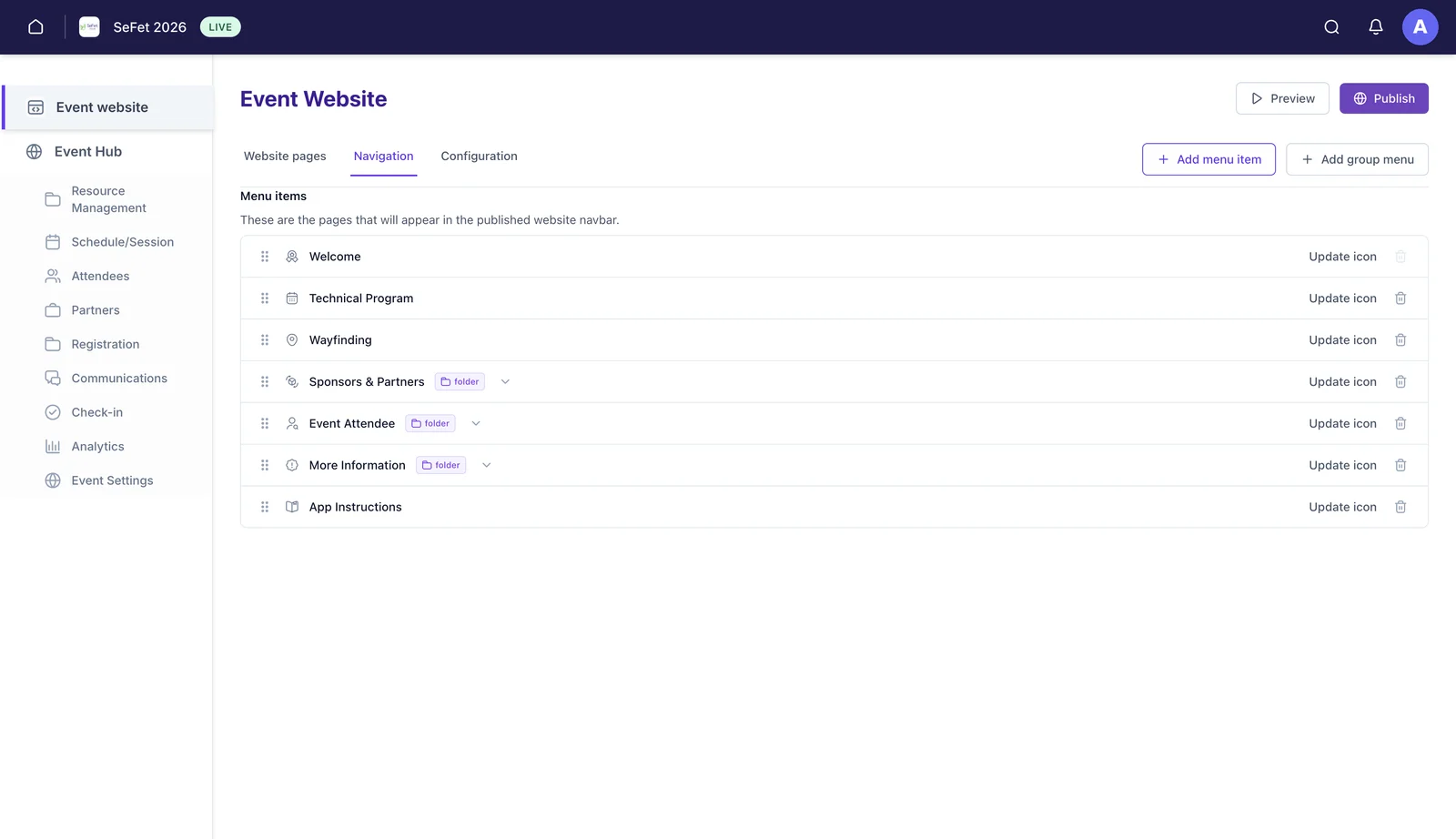 The Navigation tab listing menu items with drag handles and folder groups.